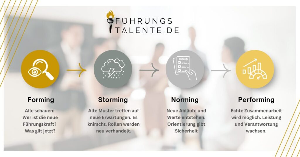 Infografik zeigt die 4 Phasen eines Führungswechsels im Team: Forming (Orientierung), Storming (Konflikte moderieren), Norming (Regeln etablieren), Performing (Verantwortung teilen). Erfolgsfahrplan für junge Führungskräfte beim Start in ihre neue Rolle.